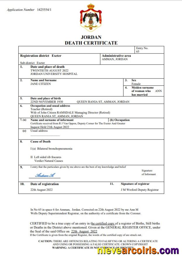 Jordan vital record death certificate
